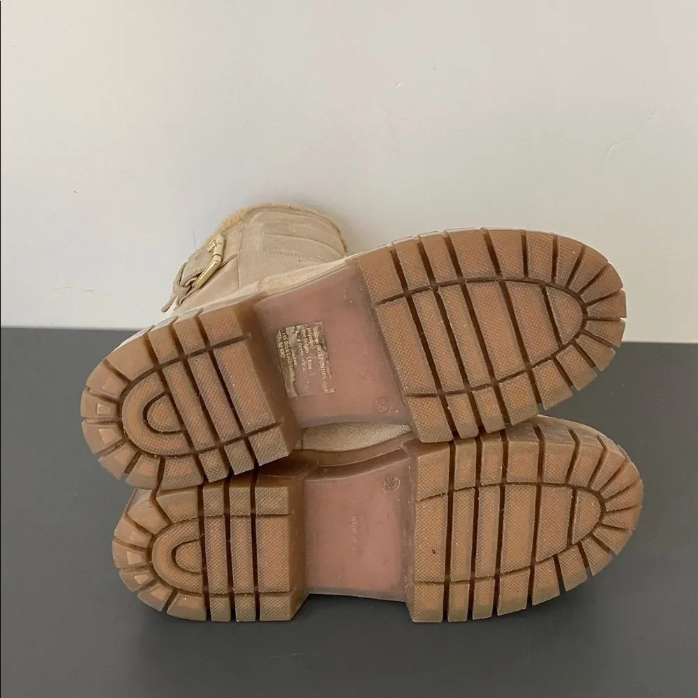 Free People Fable Faux Fur Chunky Boots 38 (7.5-8) Tan Suede Lug Sole Ankle Boho